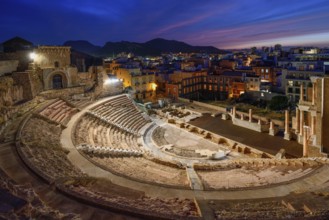 Teatro Romano, blue hour, Roman amphitheater, in the old town of Cartagena, Murcia region, Spain,