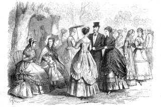 Summer fashion in 1869 in Paris, Noble people walking on Sunday afternoon, France, Historic,