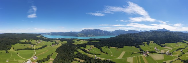 Drone shot, panorama shot, agricultural landscape, Oberaschau with Attersee and Höllengebirge,