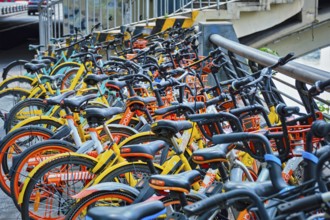 CHENGDU, CHINA, APRIL 15, 2018: Mobike bikes for share parked in Chengdu, Sichuan, China, Asia