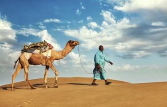 Rajasthan travel background, Indian cameleer (camel driver) with camels in dunes of Thar desert.