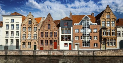 Panorama of canal and medieval houses. Bruges (Brugge), Belgium, Europe