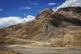 Winding mountain road Manali-Leh to Ladakh with bus in Indian Himalayas. Ladakh, India, Asia