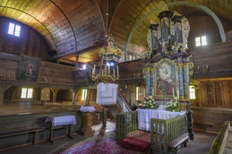 View of the altar in the Lutheran wooden church (Unesco World Heritage Site), Hronsek,