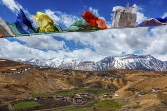 Buddhist prayer flags lungta with Om mani padme hum. . mantra written on them in sky over Comic