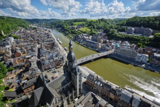 Aerial view of Dinant town, Collegiate Church of Notre Dame de Dinant, River Meuse and Pont Charles