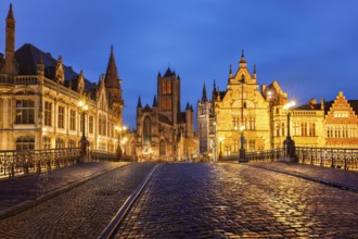 Sint-Niklaaskerk. View over the bridge on Michielshelling street. Ghent, Belgium, Europe