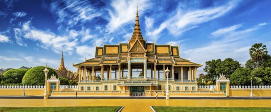 Phnom Penh tourist attraction and famouse landmark, panorama of Royal Palace complex, Cambodia,