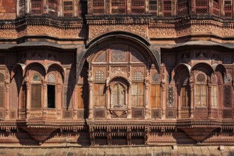 Decorated carved windows in Mehrangarh fort. Jodhpur, Rajasthan, India, Asia
