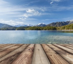 Wooden planks European nature background with lake in Alps, Germany, Europe