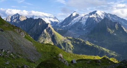 Mountain landscape at sunset at the Cabane de Louvie, summit Grand Combin de Grafeneire, Fionnay,