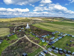 Portland Bird Observatory from a drone, Bill Lighthouse, Portland Bill, Isle of Portland, Dorset,
