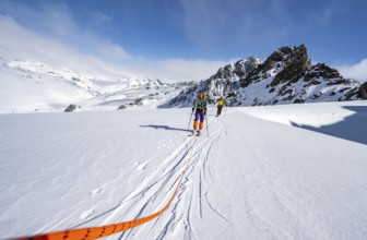 Ski tourer with rope, rope team on the Vadret da Porchabella glacier on the ascent to the summit of