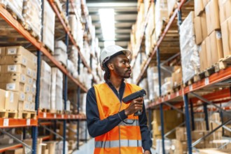 Frontal view of a concentrated african male worker using wireless scanner doing inventory in