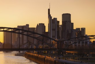 Sunset behind the Frankfurt banking skyline, Osthafen, Frankfurt am Main, Hesse, Germany, Europe
