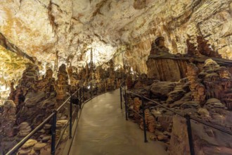 Footpath winding through stunning stalagmite and stalactite formations inside the famous postojna
