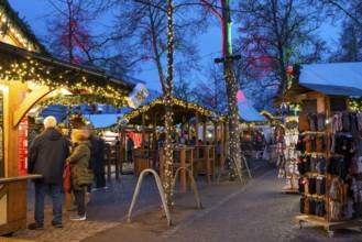 Stalls with decorations, Christmas market at Charlottenburg Palace, Blue Hour, Berlin, Germany,