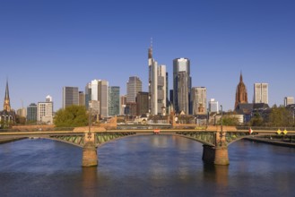 The sun shines on the skyscrapers of Frankfurt's banking skyline in the morning, Frankfurt am Main,