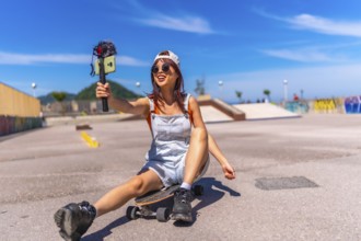 Smiling chinese female vlogger filming at skateboard park in summer