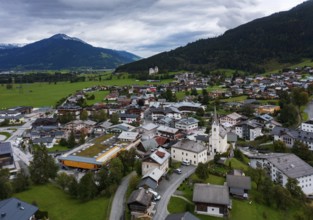 Drone image, residential buildings, view of village with parish church, Kaprun, Pinzgau, Salzburg