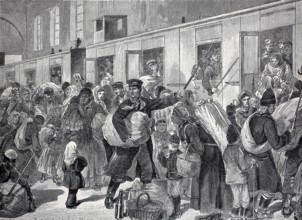 Emigrants, an emigrant train in Berlin in the 19th century, Germany, digital reproduction of an