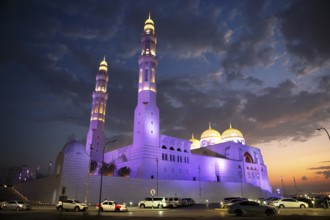 Mohammed Al Ameen Mosque, illuminated, night shot, Muscat, Oman, Asia