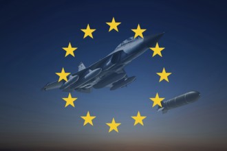 (Photomontage) Fighter jet in the evening sky, accompanied by the stars of the European Union