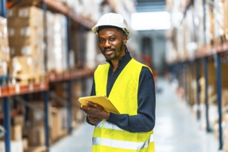 African supervisor examining stock in warehouse using digital tablet