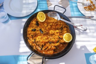 Steaming seafood paella featuring mussels, shrimps, clams, and lemon wedges served in a traditional