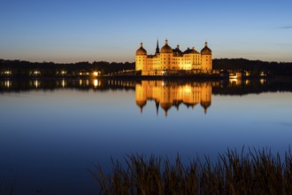 Castle with reflection in the castle pond in the evening, Moritzburg, Saxony, Germany, Europe