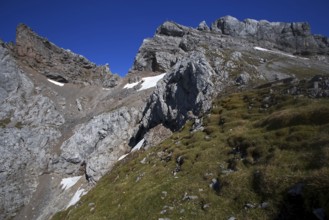 Steep mountain face with scattered snow fields and green grassy areas under a clear sky, Karwendel,