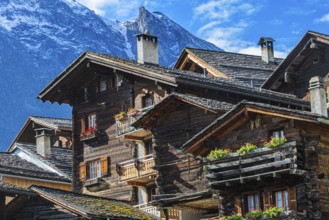 Old wooden houses in the historic village centre, Grimentz, Val d'Anniviers, Valais Alps, Canton