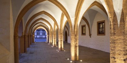 Open hall, arcade at the late Gothic town hall in Goslar in the evening, UNESCO World Heritage