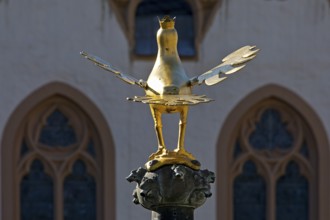 Gilded imperial eagle as a fountain eagle on the market fountain in front of the town hall, Old