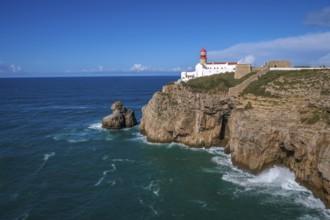 Sagres, Algarve, Portugal - Lighthouse at the Cap de Sao Vicente. Historical sight. Rocky headland