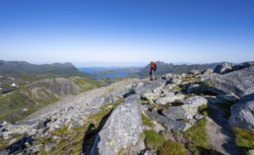 View of mountains and fjord landscape, mountaineer at the summit of Rundfjellet, Svolvaer,