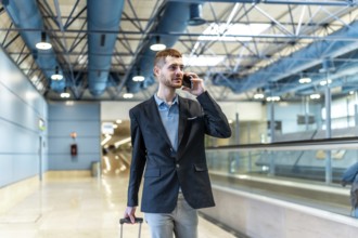 Businessman pulling suitcase and making phone call while walking through airport terminal