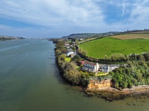 Farms and Fields over River Teign from a drone, Teignmouth, Shaldon, Devon, England, United