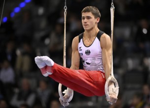 Timo Eder GER rings action gymnastics, EnBW DTB-Pokal, Porsche-Arena, Stuttgart, Baden-Württemberg,