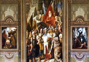 Left, The princes pay homage to the six-week-old Henry IV at Christmas 1050 in the Palatinate of