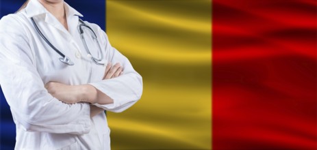 Doctor with crossed arms on Romanian flag. Romania health and care concept. Female doctor on
