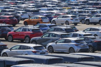 Duisburg, North Rhine-Westphalia, Germany - New cars, transhipment centre, car terminal in Duisburg