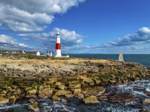 Portland Bill Lighthouse from a drone, Portland Bill, Isle of Portland, Dorset, England, United