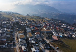 Drone image, view of the village with parish church, Patsch, Tyrol, Austria, Europe
