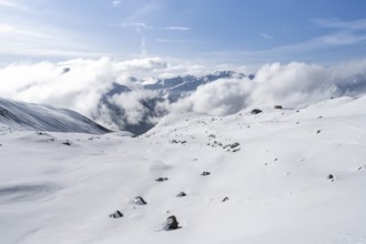 Winter mountain landscape at the Chamanna Es-cha, ski tour Bündner Haute Route, Albula Alps,