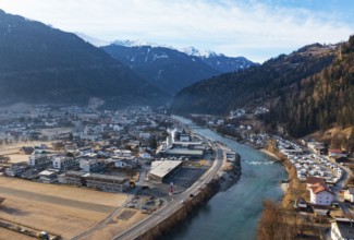 Drone shot, view of village with parish church, Prutz, Kaunertal, Inntal, Inn, Tyrol, Austria,