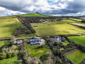 Farms over Swyre and West Bexington from a drone, West Bexington Nature Reserve, S W Coast Path,