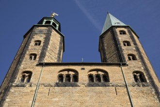View of the two unequal towers of the market church of St Cosmas and Damian in the old town,