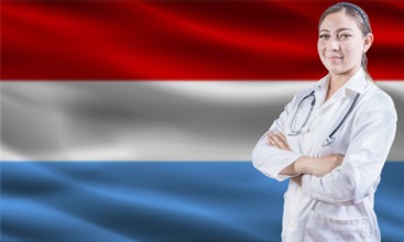 Female doctor on Luxembourg flag. Doctor with crossed arms on Luxembourg flag. Luxembourg health