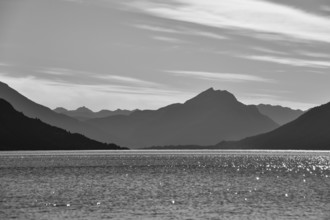 Black and white photograph of Lake Huechulafquen in the Andes in Lanin National Park, Patagonia,